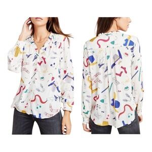 Maeve Anthropologie Marisol Ruffled Blouse Women Size 10 Multicolor Winter Print